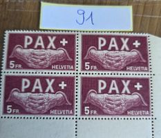 Schweiz Briefmarken PAX  5 Fr. Viererblock postfrisch 1945