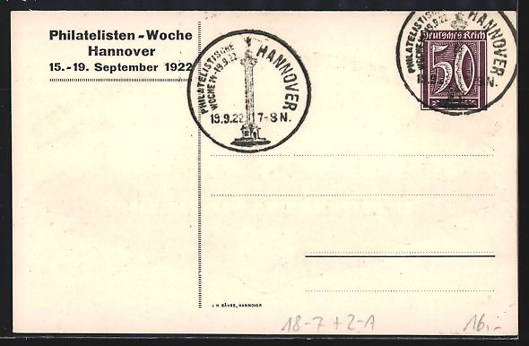 Cancelleria postale: Hannover, Philatelisten-Woche 1922, Stad – Usato da Berlin venduto da bartko-reher 1