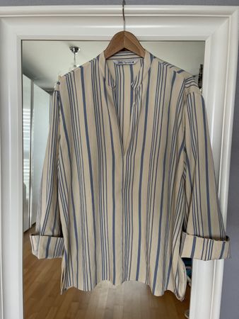 Zara Bluse, gestreift, beige/blau, Gr. XL