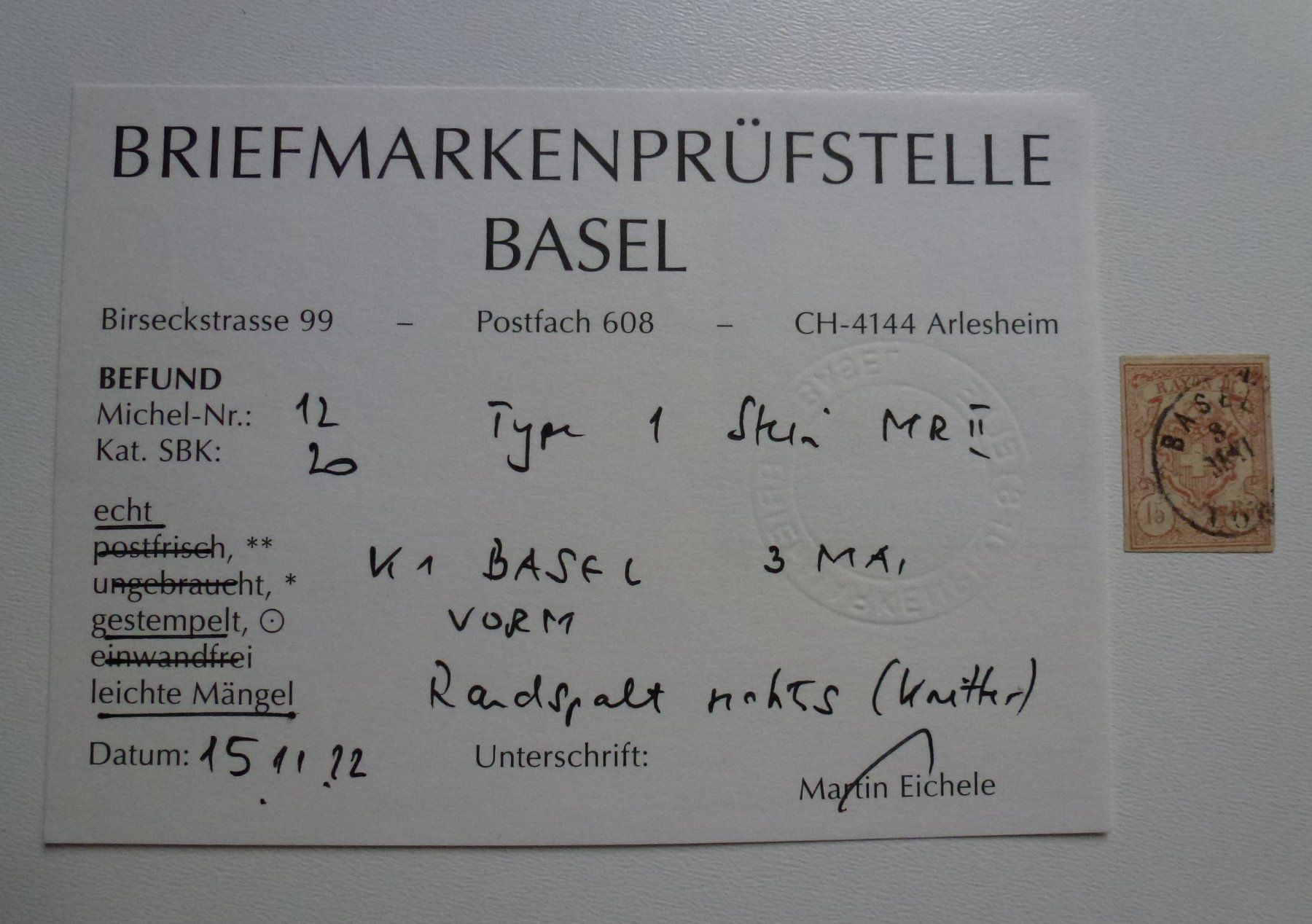 Tutti i francobolli: 1850 - Rayon III - Typ 1 - Stein MRII mit Befund – Usato da Walkringen venduto da Casablanca777 2
