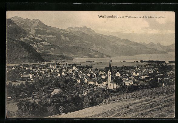 Cartoline postali: Wallenstadt, Gesamtansicht mit Wallensee – Usato da Berlin venduto da bartko-reher