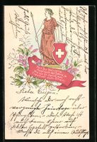 Präge-AK Helvetia mit Wappen und Speer,