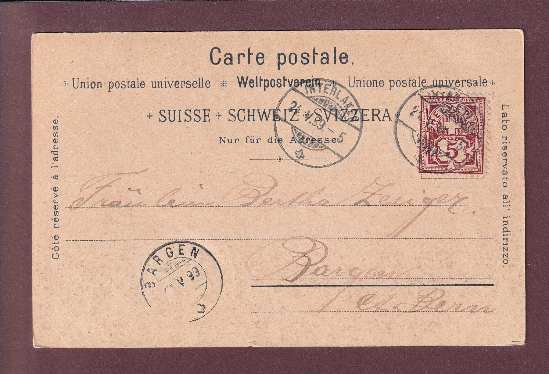 Cartoline postali: Gruss aus INTERLAKEN - 1899 Litho Schlumpf – Usato da Pully venduto da nicecards 1