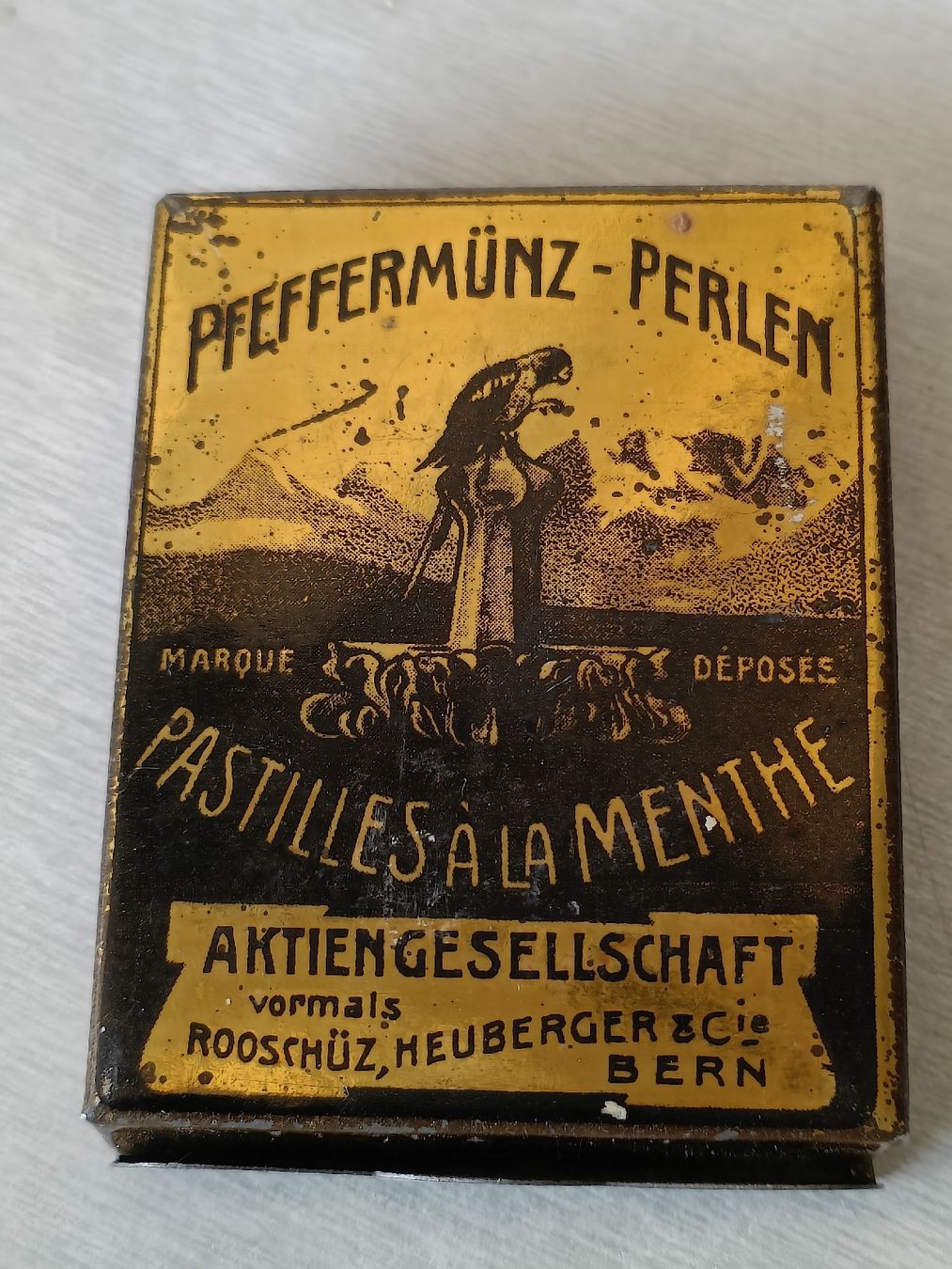 Schilder: Alte Dose / Pfeffermünz Perlen Rooschüz Heuberger & Cie Bern – Gebraucht aus Brugg AG von Ente015 2