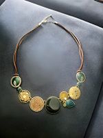 Collana donna boho ciondoli fantasia verde oro cuoio