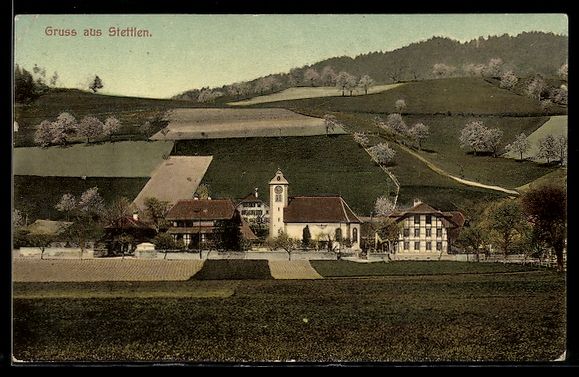 Cartoline postali: AK Stettlen, Ort mit Kirche und Feldern – Usato da Berlin venduto da bartko-reher