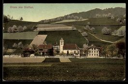 AK Stettlen, Ort mit Kirche und Feldern