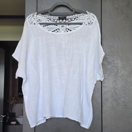 🐸 BLUSE MIT SPITZE 1BAUMWOLLE LEUNEN OPTIK S OVERSIZE! M-XL