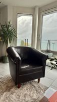 Dark Brown Leather Club Armchair with Wooden Feet
