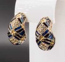 Vinatge Ohrclips Mosaikmuster und Strass; blau - goldfarben