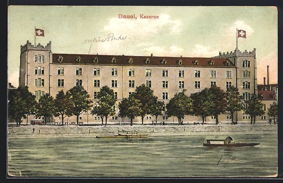 Cartoline postali: AK Basel, Kaserne mit Flusspartie, 1906 – Usato da Berlin venduto da bartko-reher
