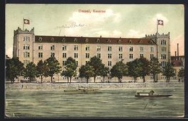 AK Basel, Kaserne mit Flusspartie, 1906