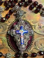Antiker filigran, Rosenkranz mit Emaillekreuz & Granatperlen