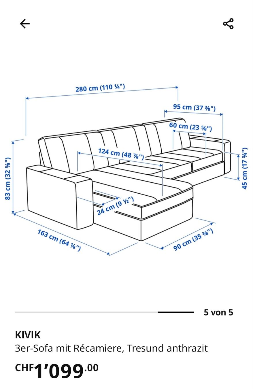 Ikea Divani: 3er Sofa KIVIK mit Recarniere, dunkelgrau – Usato da Wangen an der Aare venduto da eggerclaudia 3