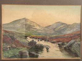 Gemälde Landschaft mit Fluss und Bergen gerahmt Alt,  Antik