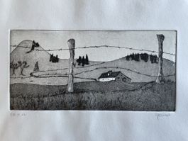 Litho signée Jeannet paysage Neuchâtel Jura Suisse gravure