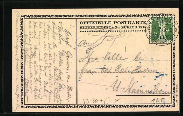 Ansichtskarten: Zürich, Kinderhilfstag 1913, Kind mit S – Gebraucht aus Berlin von bartko-reher 1
