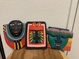 3er Set Vintage Laurel Burch Holzmasken 80er Folk Art rar