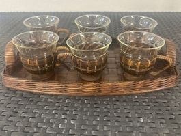 6er Set Glas Untersetzer mit Korb Tablett
