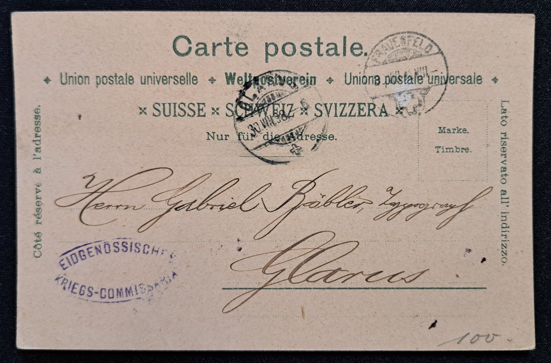 Cartoline postali: Carte Postale von Zug mit Stempel Eid. Kriegs-Commissariat – Usato da Unterägeri venduto da PhilatelieStudiger 1