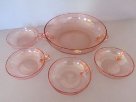 Rosafarbenes Glasschüssel Set, geschliffen, Vintage Style