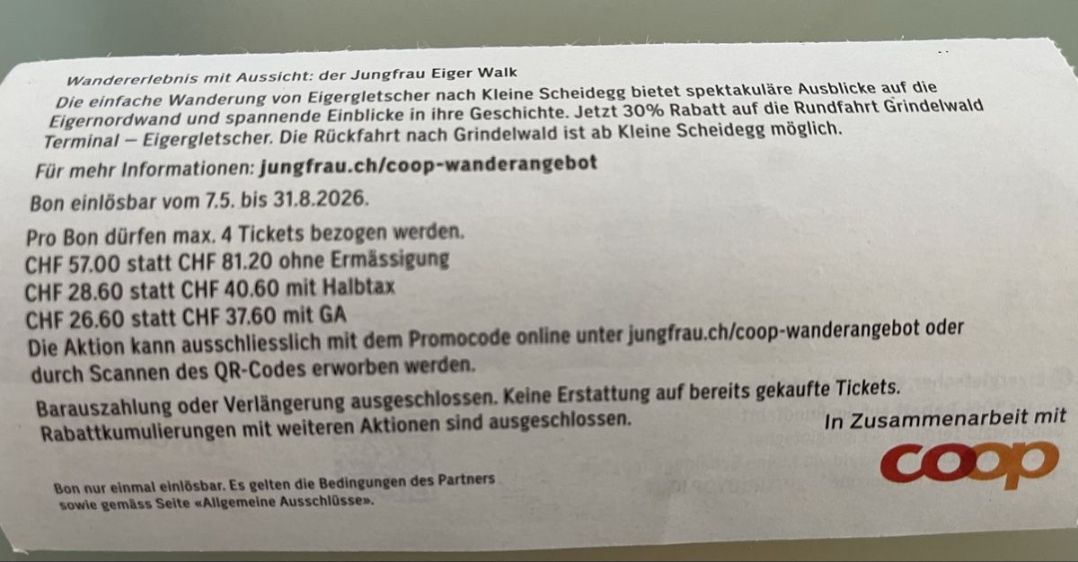 Bons: 30 % Rabatt Eigergletscher, Kleine Scheidegg – Neuf avec emballage d'origine à Kehrsatz par bianca69 1