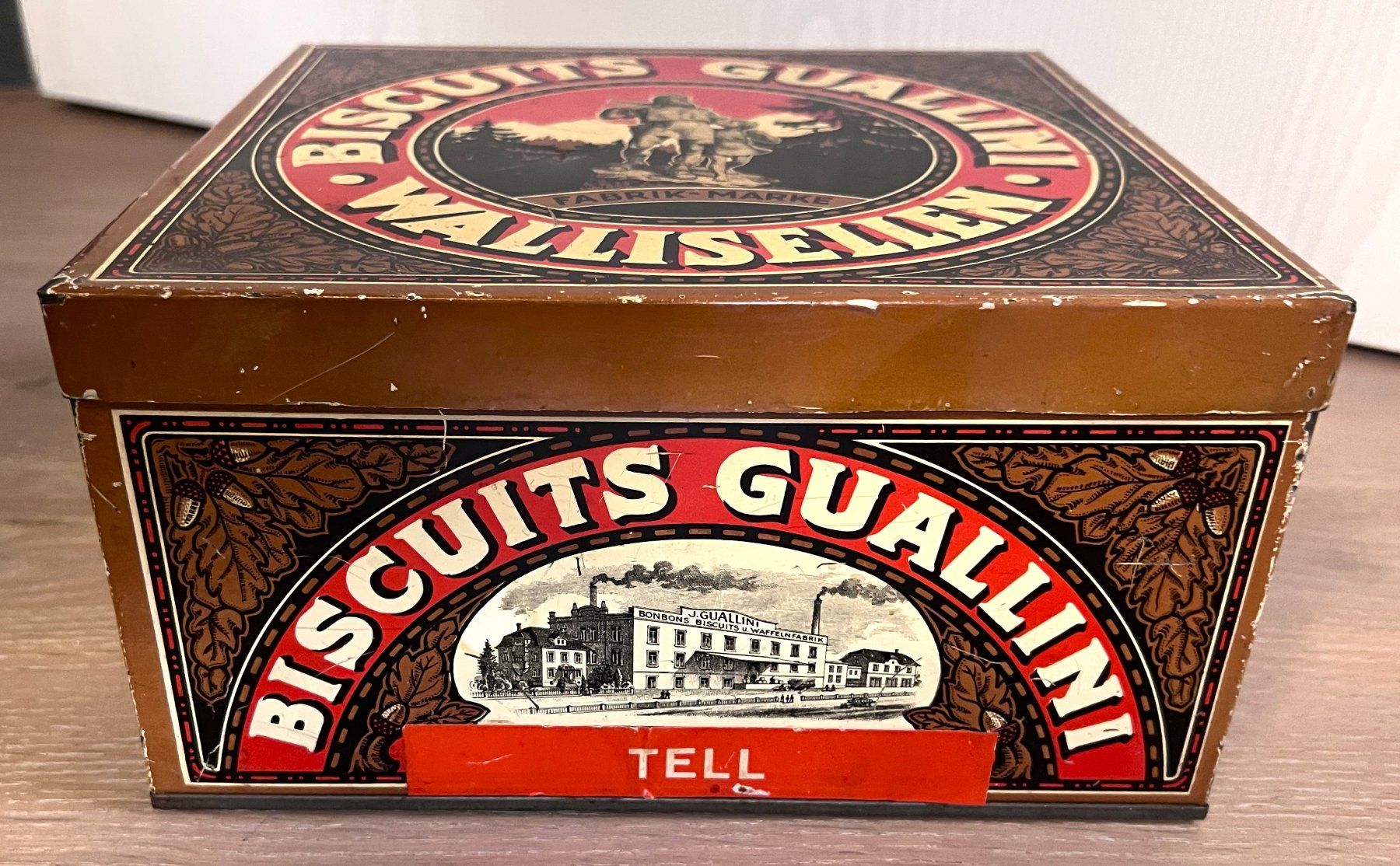 Barattoli: Antike Blechdose "BISCUITS GUALLINI , WALLISELLEN TELL" top! – Usato da Rothrist venduto da Brandystar 3