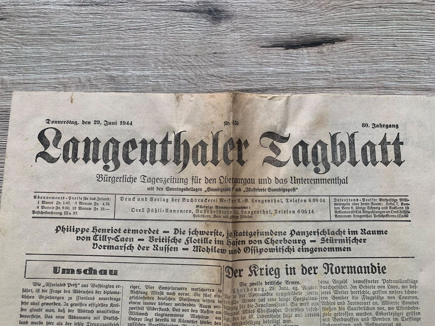 Riviste & Magazine: Langenthaler Tagblatt von 1944 – Usato da Langenthal venduto da Brunnbach 1