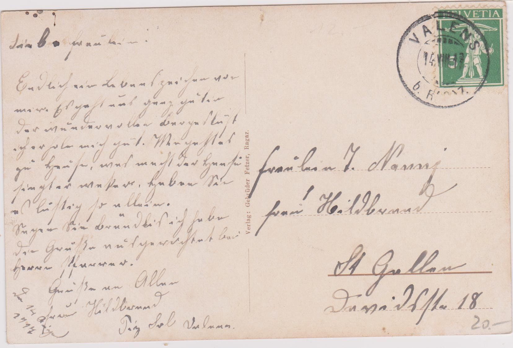 Cartoline postali: Valens,1917 – Usato da Spiez venduto da Niesen20 1