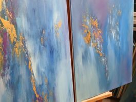 2 Gemälde auf Leinwand 50x70 cm, 2 Stk Unikate in blau
