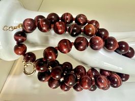 Vintage 60cm rote Tigeraugen Long Kette Silberschliesse verg