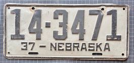Originale Nebraska Nummernschild USA 1937 14-3471