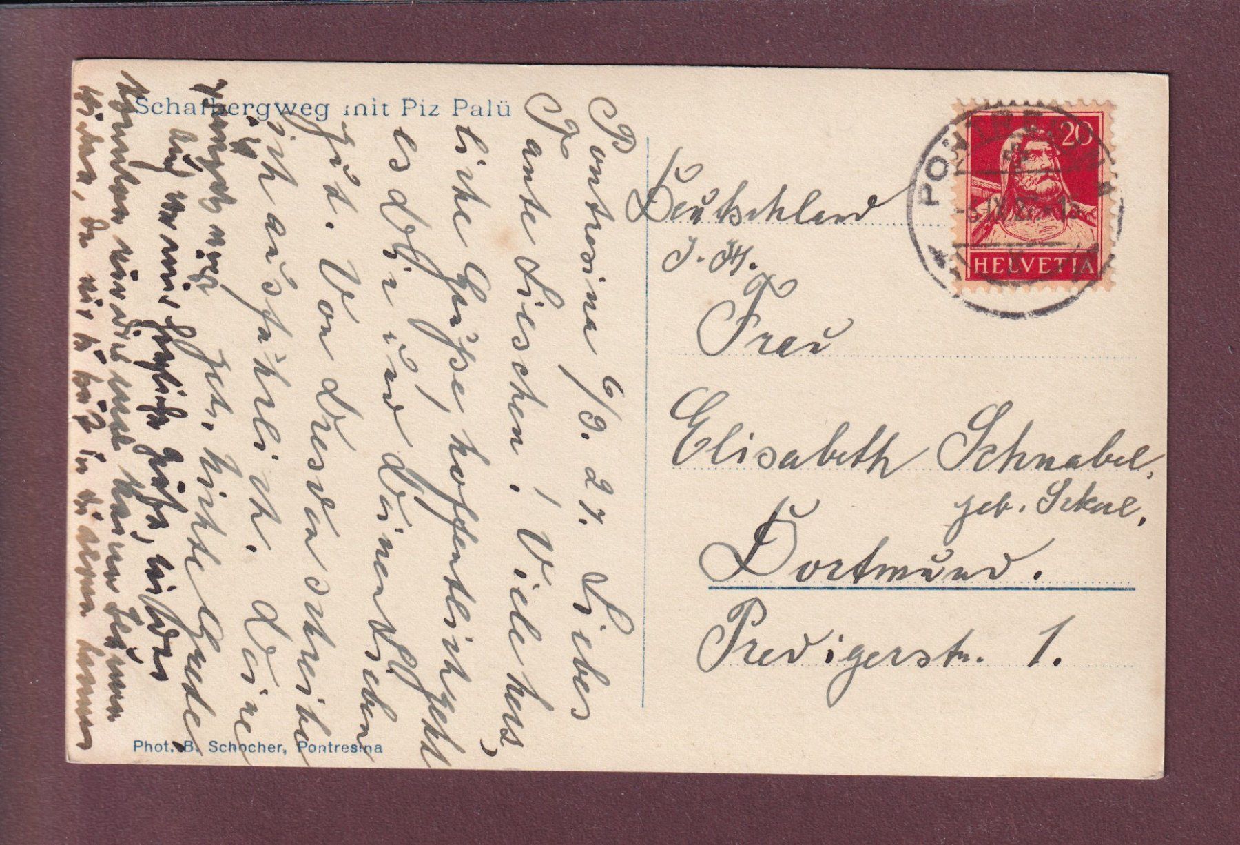 Cartoline postali: SCHAFBERG-WEG - Piz Palü - 1927 – Usato da Pully venduto da nicecards 1