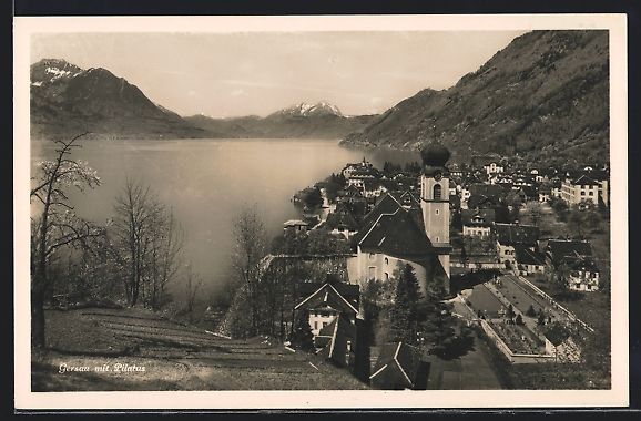 Cartoline postali: AK Gersau, Ortsansicht mit Pilatus – Usato da Berlin venduto da bartko-reher