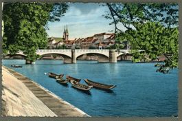 AK color Basel BS Unterer Rheinweg, Mittlere Brücke 1953 