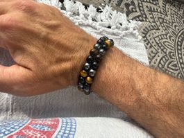 Handgeknüpftes Tigerauge-Hämatit Armband mit Zugband