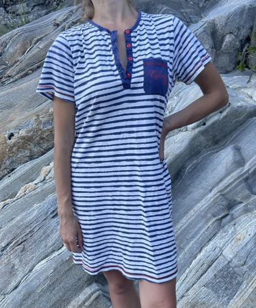Abito di cotone a righe blu bianco con taschino tgM/L