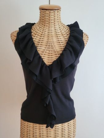 Top Versace noir sans manches avec volants, Taille S/ 38 IT