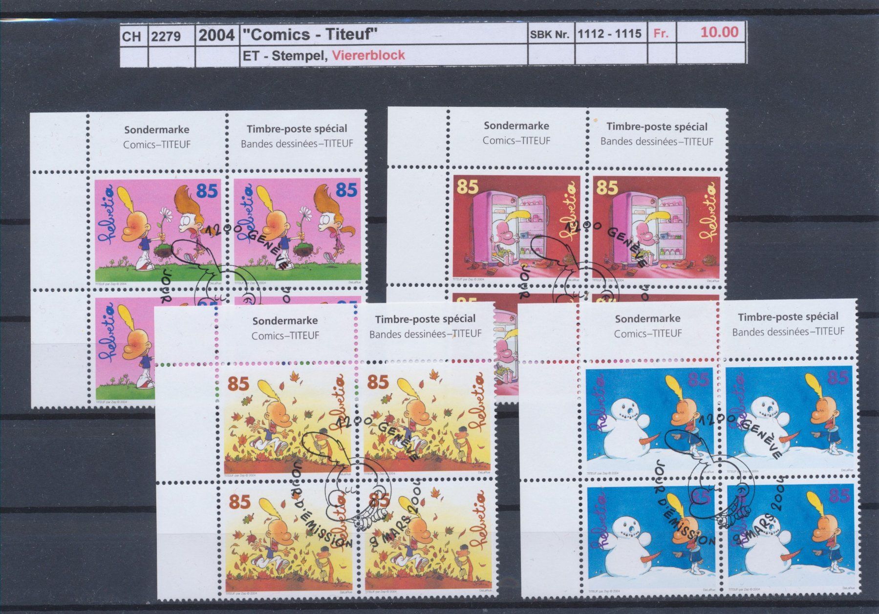 Tutti i francobolli: 2004 "Comics - Titeuf" - Viererblock, ET - Stempel – Usato da Winterthur venduto da Zupogeru
