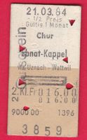 KARTON BILLETT, CHUR - EBNAT-KAPPEL, 2.KLASSE,RETOUR,HALBTAX