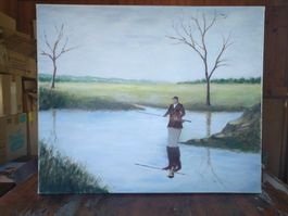 Gemälde Fischer am Wasser Leinwand 60x50cm guter Zustand