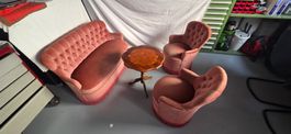 Sofa und 2 Sessel mit Tisch Samt rosa guter Zustand