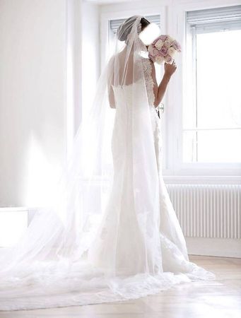 Stunning Pronovias Mermaid Lace Wedding Dress&Cathedral Veil