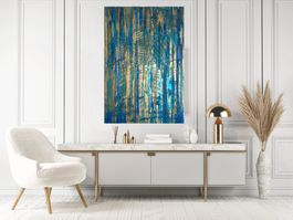 Abstraktes Original Acrylbild Türkis Gold Wandbild 120x80 cm