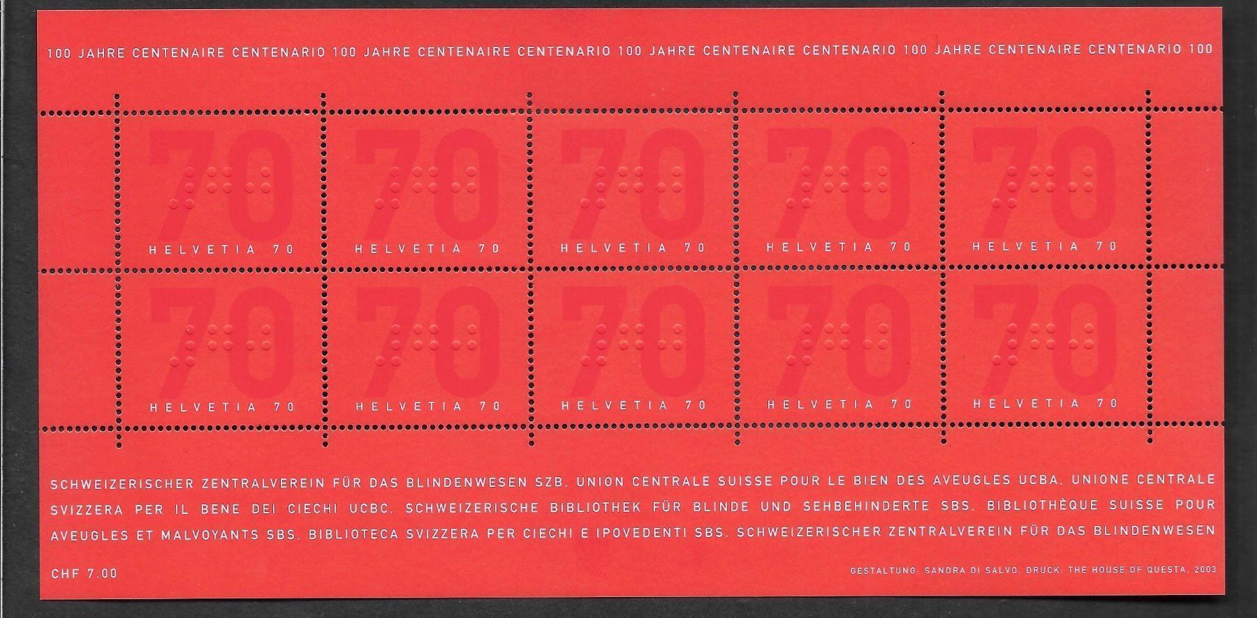 Tutti i francobolli: Kleinbogen 1080 Blindenwesen ** 6.3.2003 – Nuovo (secondo la descrizione) da Olten venduto da clotaldi