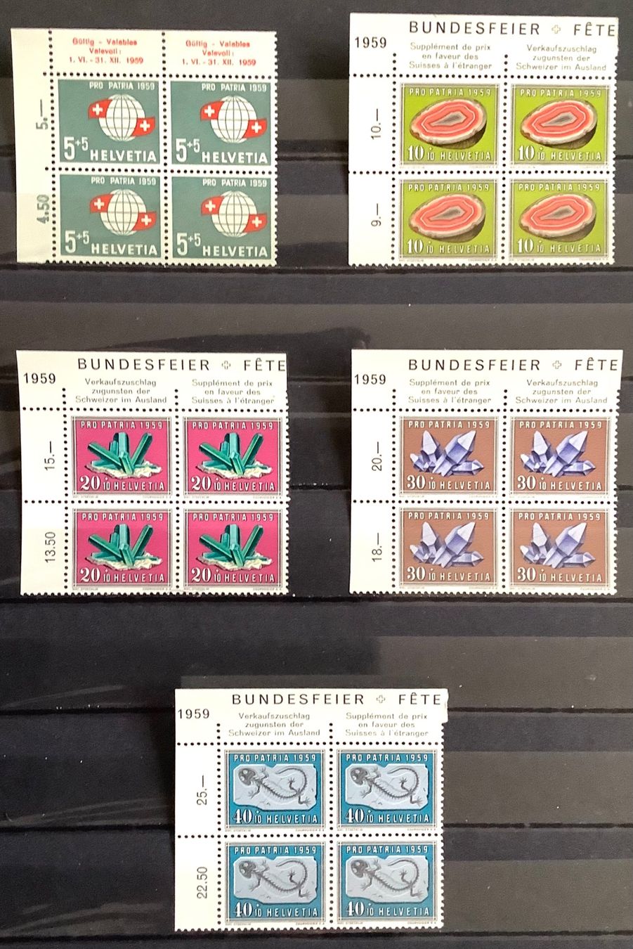 Alle Briefmarken: 1959 Pro Patria Viererblöcke mit Bogen - Eckrand ** – Neu (gemäss Beschreibung) aus Liestal von Skunk02