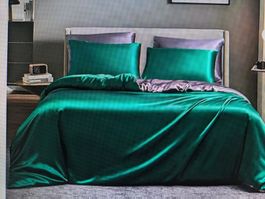 Satin Bettwäsche grün-grau (2 Kissen, 2 Decken)