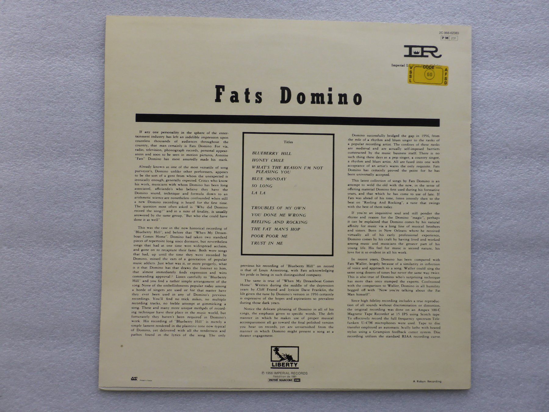 Schallplatten: VINYL  LP   FATS DOMINO – Gebraucht aus Küssnacht am Rigi von Sunnestrahl 3