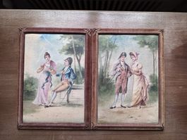2 gestickte Bilder Dame und Kavalier Samtrahmen