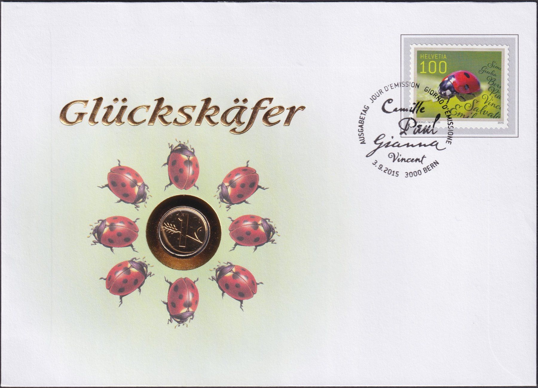 Tutti le monete: 2015, Numisbrief/Münzbrief "Glückskäfer" mit 1 Räppler. – Usato da Sursee venduto da Luzernerraute
